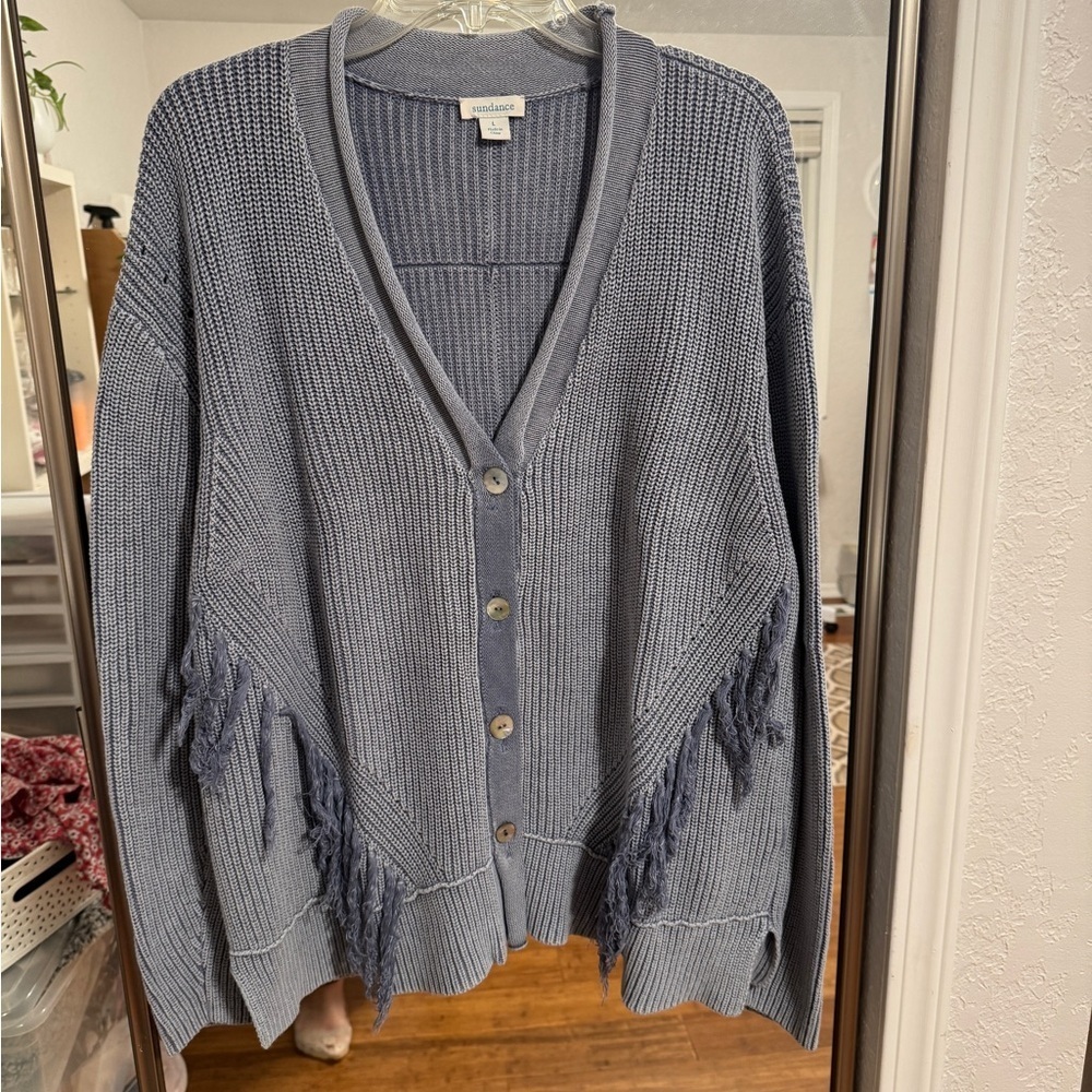 Sundance catalog Blue Fringe Cardigan - Picture 2 of 4